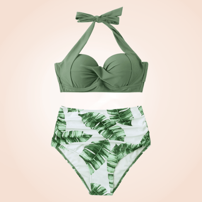 Retro Halter Twisted Front Buckle High Waisted Bikini Set