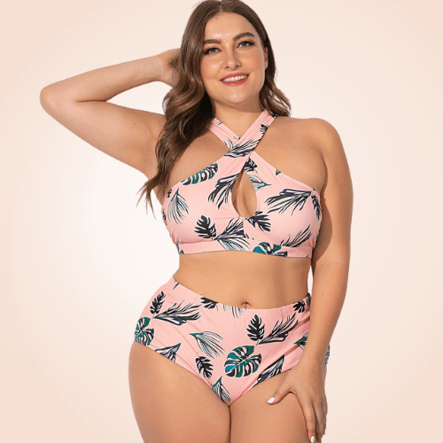 Two Piece Plus Size Floral Cross Bikini Beach Swimwear