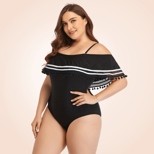 Plus Size Ruffle Trim Off-Shoulder Striped Flounce One Piece Swimsuit