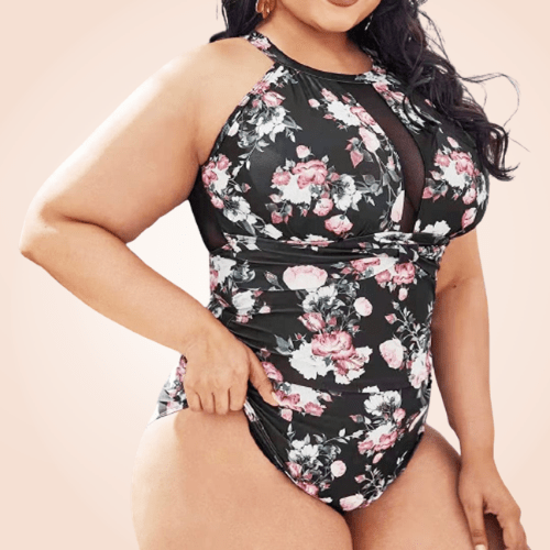 Plus Size Contrast Mesh One Piece Floral Swimwear