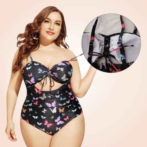 Plus Size Butterfly Print Rib One Piece Swimwear