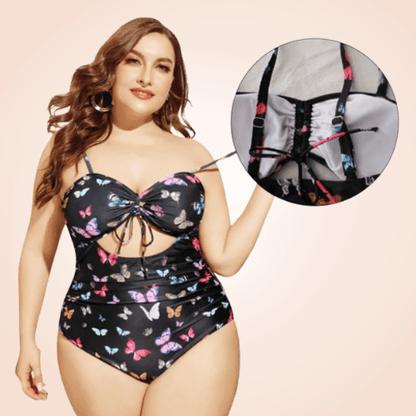 Plus Size Butterfly Print Rib One Piece Swimwear