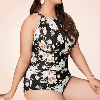 Plus Size Contrast Mesh One Piece Floral Swimwear