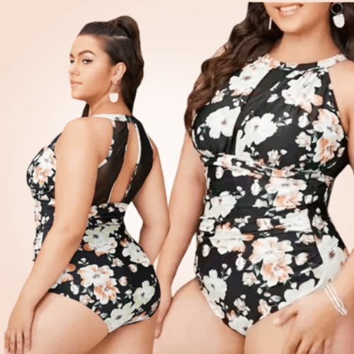 Plus Size Contrast Mesh One Piece Floral Swimwear
