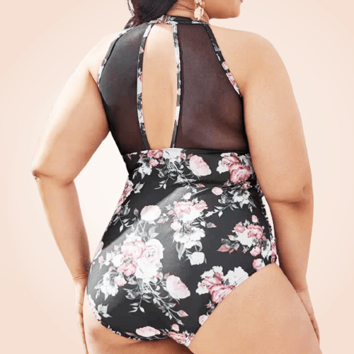 Plus Size Contrast Mesh One Piece Floral Swimwear