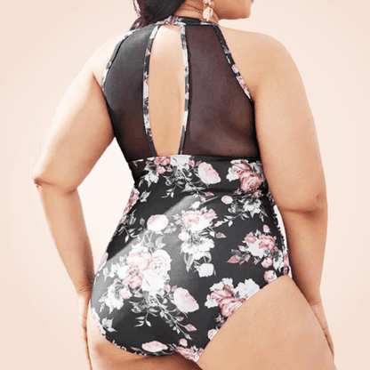 Plus Size Contrast Mesh One Piece Floral Swimwear