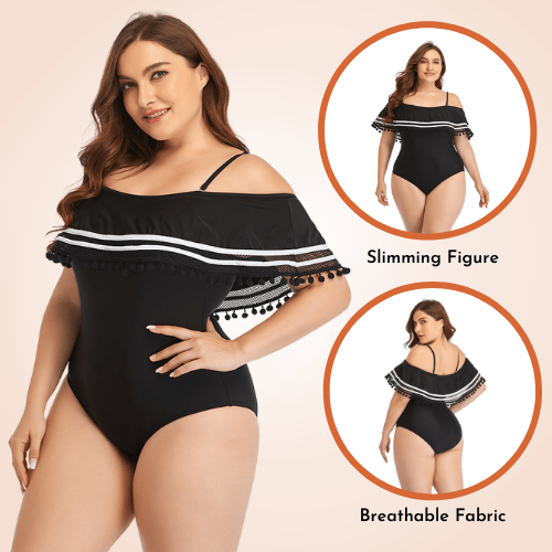 Plus Size Ruffle Trim Off-Shoulder Striped Flounce One Piece Swimsuit