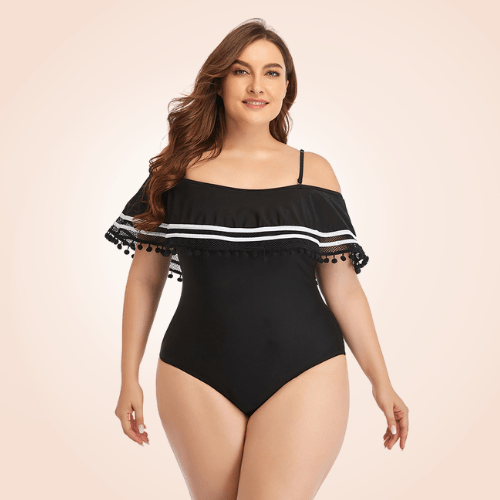 Plus Size Ruffle Trim Off-Shoulder Striped Flounce One Piece Swimsuit