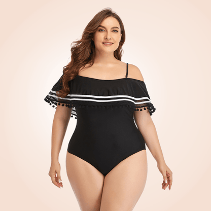 Plus Size Ruffle Trim Off-Shoulder Striped Flounce One Piece Swimsuit
