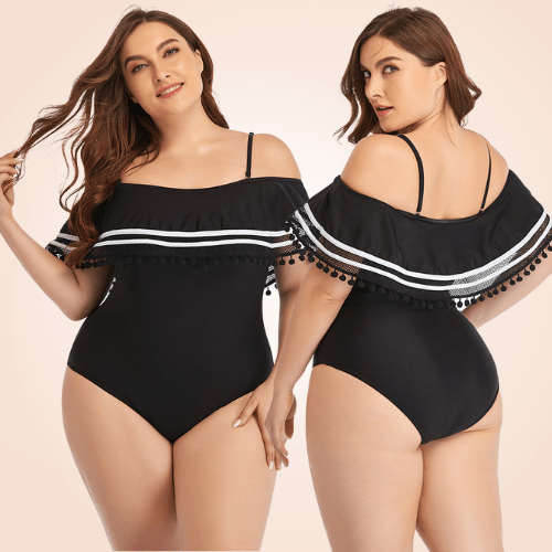 Plus Size Ruffle Trim Off-Shoulder Striped Flounce One Piece Swimsuit