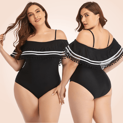Plus Size Ruffle Trim Off-Shoulder Striped Flounce One Piece Swimsuit