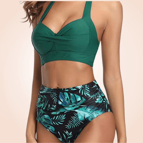 Retro Halter Twisted Front Buckle High Waisted Bikini Set