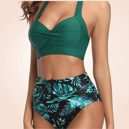 Retro Halter Twisted Front Buckle High Waisted Bikini Set