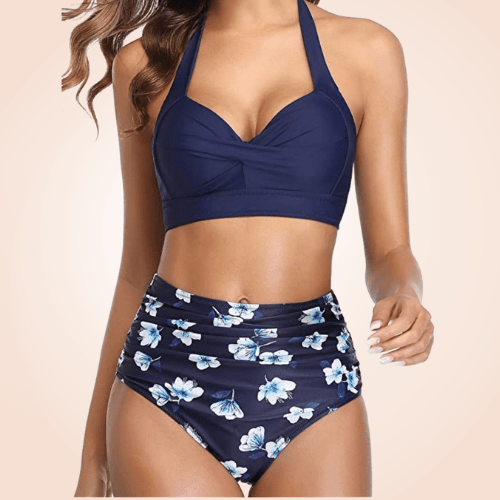 Retro Halter Twisted Front Buckle High Waisted Bikini Set