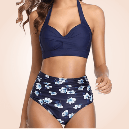 Retro Halter Twisted Front Buckle High Waisted Bikini Set