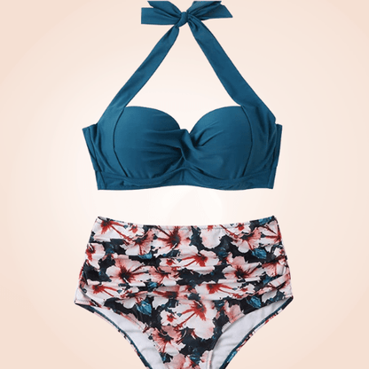 Retro Halter Twisted Front Buckle High Waisted Bikini Set