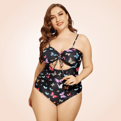 Plus Size Butterfly Print Rib One Piece Swimwear