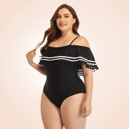 Plus Size Ruffle Trim Off-Shoulder Striped Flounce One Piece Swimsuit