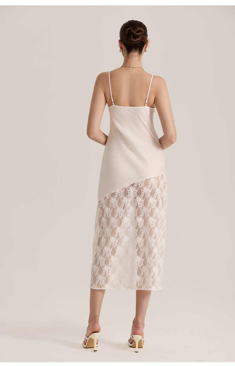 Semi-sheer Lace Satin Camisole Long Dress for Women