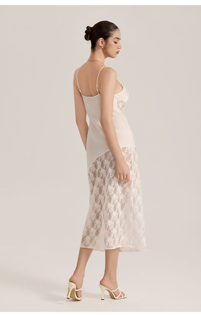 Semi-sheer Lace Satin Camisole Long Dress for Women