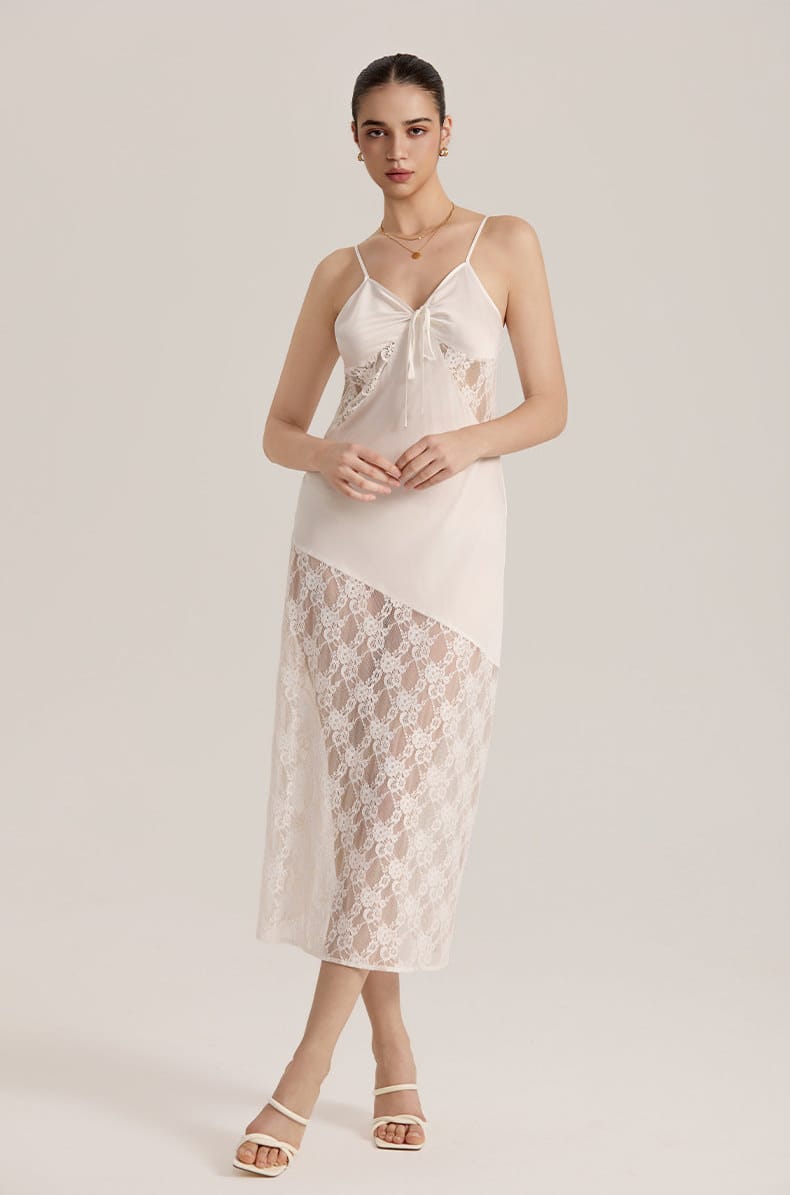 Semi-sheer Lace Satin Camisole Long Dress for Women