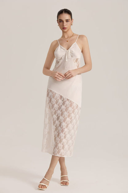 Semi-sheer Lace Satin Camisole Long Dress for Women