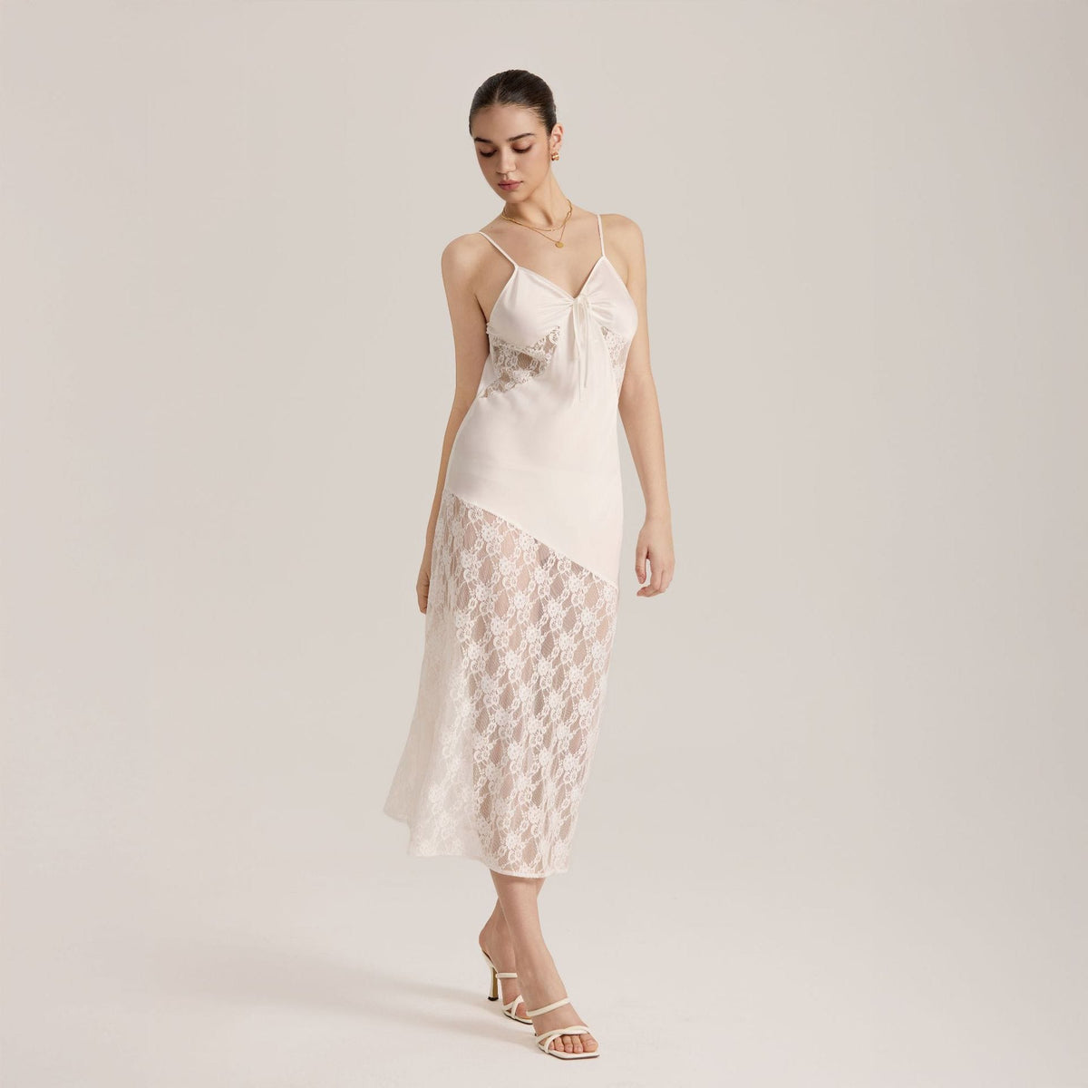 Semi-sheer Lace Satin Camisole Long Dress for Women