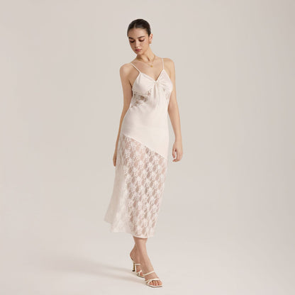 Semi-sheer Lace Satin Camisole Long Dress for Women