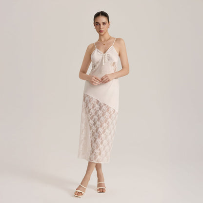 Semi-sheer Lace Satin Camisole Long Dress for Women