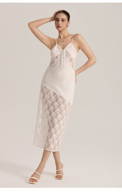Semi-sheer Lace Satin Camisole Long Dress for Women