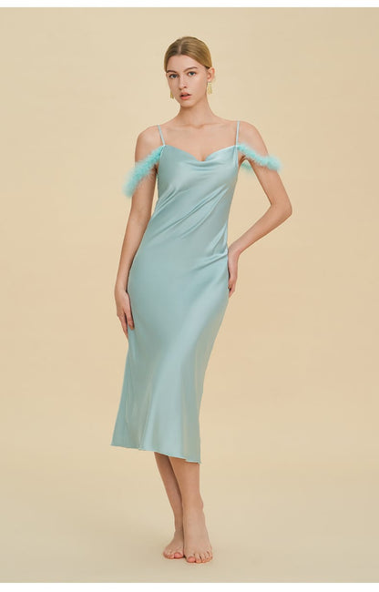 Elegant Off-shoulder Bridal Lingerie Feather Trim Satin Nightdress With Straps
