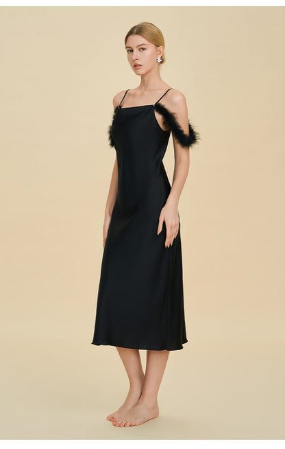 Elegant Off-shoulder Bridal Lingerie Feather Trim Satin Nightdress With Straps
