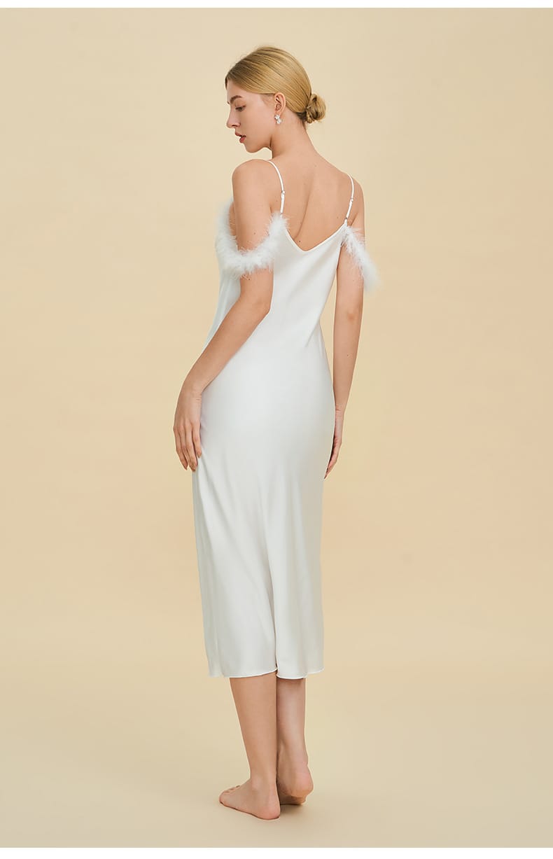 Elegant Off-shoulder Bridal Lingerie Feather Trim Satin Nightdress With Straps