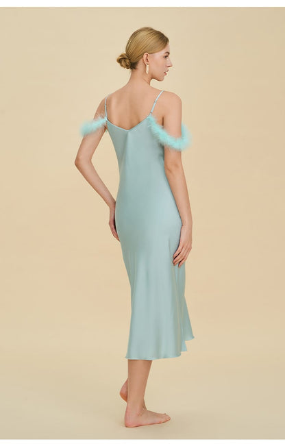 Elegant Off-shoulder Bridal Lingerie Feather Trim Satin Nightdress With Straps