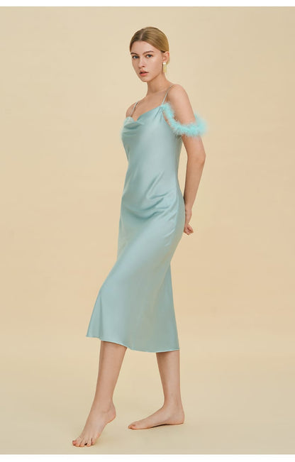 Elegant Off-shoulder Bridal Lingerie Feather Trim Satin Nightdress With Straps