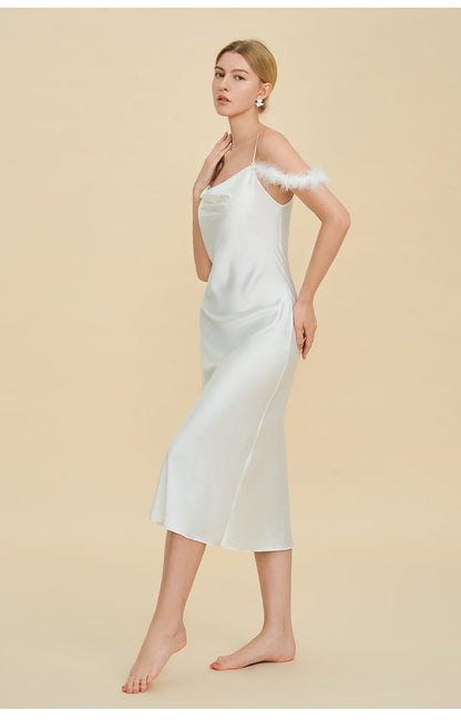Elegant Off-shoulder Bridal Lingerie Feather Trim Satin Nightdress With Straps