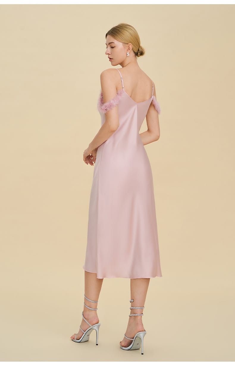 Elegant Off-shoulder Bridal Lingerie Feather Trim Satin Nightdress With Straps