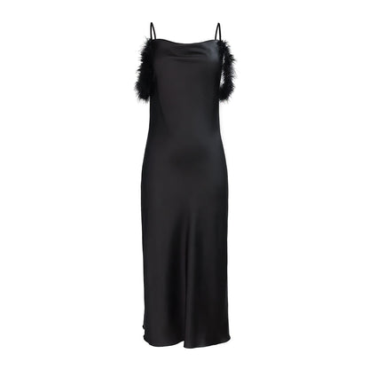 Elegant Off-shoulder Bridal Lingerie Feather Trim Satin Nightdress With Straps