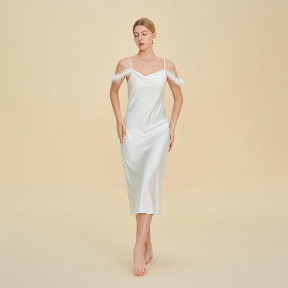 Elegant Off-shoulder Bridal Lingerie Feather Trim Satin Nightdress With Straps