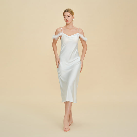 Elegant Off-shoulder Bridal Lingerie Feather Trim Satin Nightdress With Straps