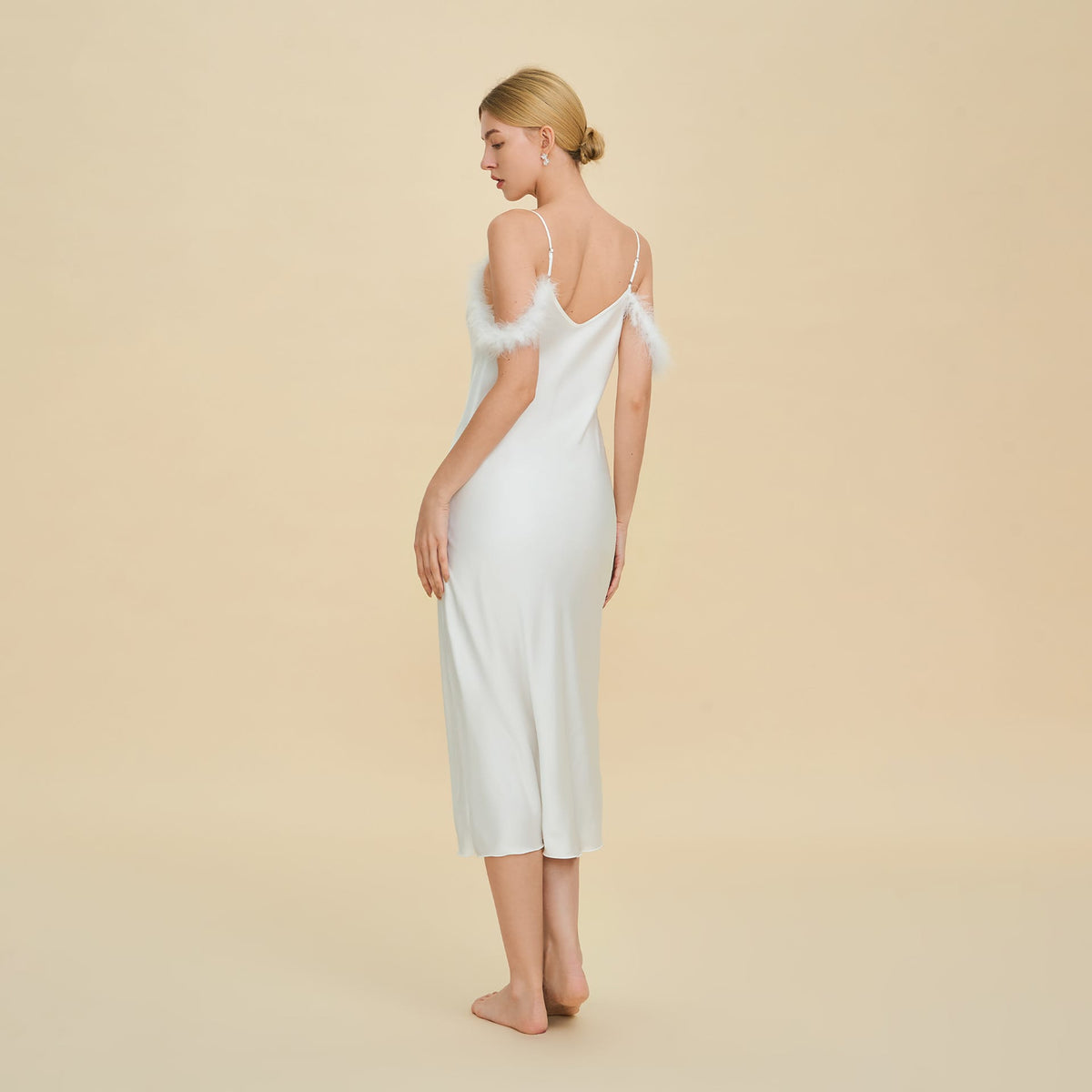 Elegant Off-shoulder Bridal Lingerie Feather Trim Satin Nightdress With Straps