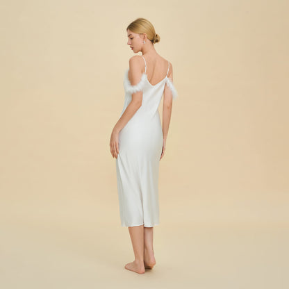Elegant Off-shoulder Bridal Lingerie Feather Trim Satin Nightdress With Straps