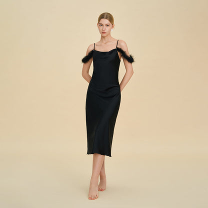 Elegant Off-shoulder Bridal Lingerie Feather Trim Satin Nightdress With Straps