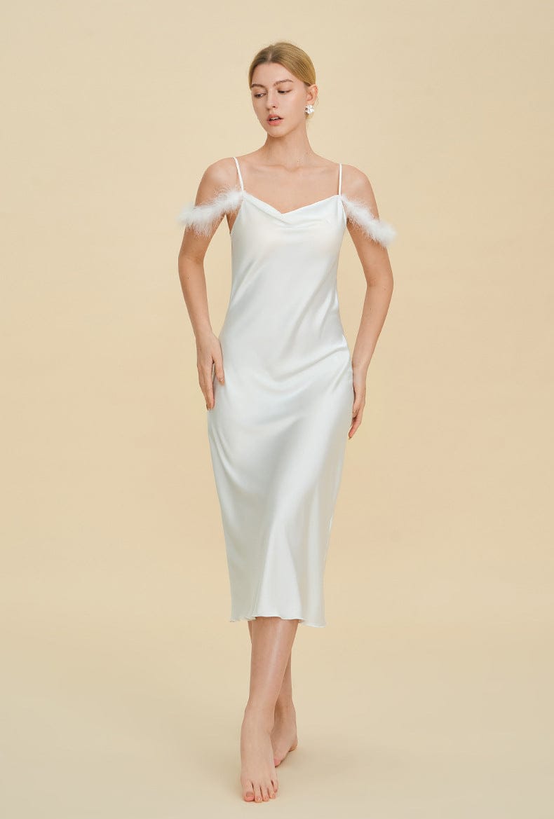 Elegant Off-shoulder Bridal Lingerie Feather Trim Satin Nightdress With Straps
