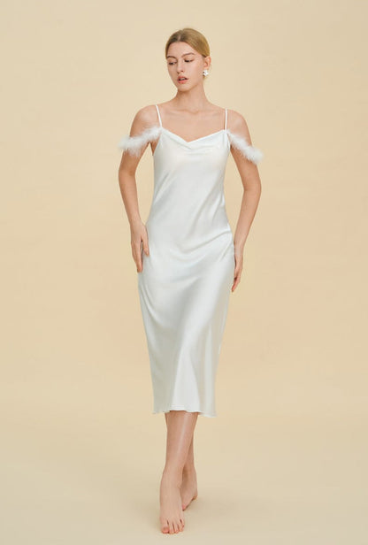 Elegant Off-shoulder Bridal Lingerie Feather Trim Satin Nightdress With Straps