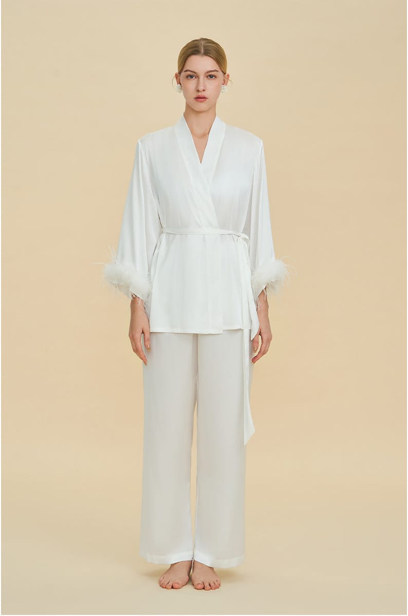 Feather Trim Satin Pajamas Set with Long Sleeves, Women's Luxury Two-Piece Loungewear