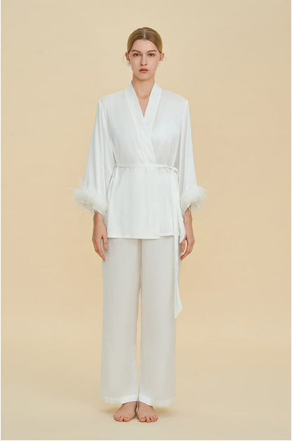 Feather Trim Satin Pajamas Set with Long Sleeves, Women's Luxury Two-Piece Loungewear
