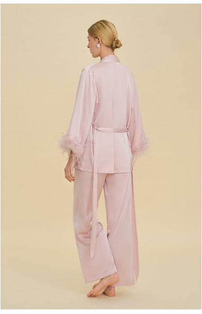 Feather Trim Satin Pajamas Set with Long Sleeves, Women's Luxury Two-Piece Loungewear