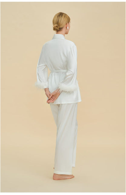 Feather Trim Satin Pajamas Set with Long Sleeves, Women's Luxury Two-Piece Loungewear