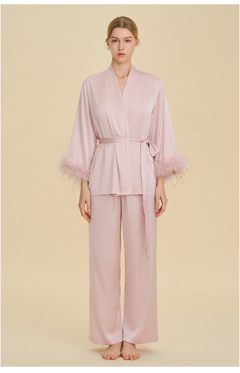 Feather Trim Satin Pajamas Set with Long Sleeves, Women's Luxury Two-Piece Loungewear
